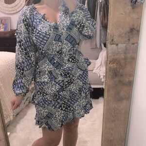 Honey Punch size large boho blue floral babydoll tiered ruffle dress